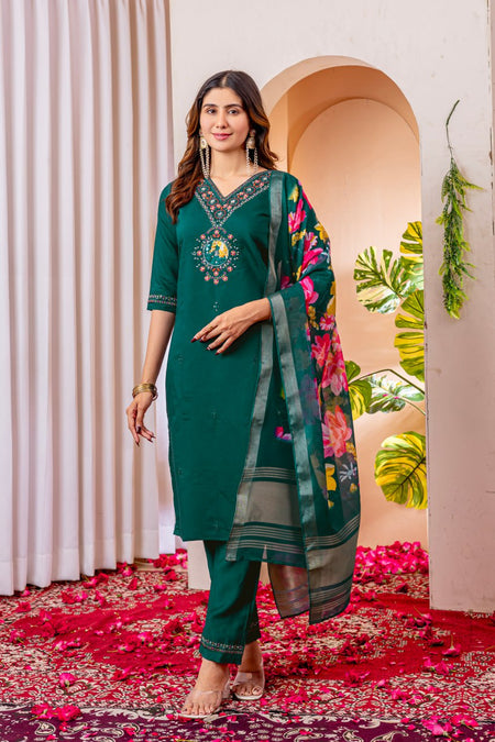 Pramukh Fab Emerald Color Viscose Silk Kurta Set
