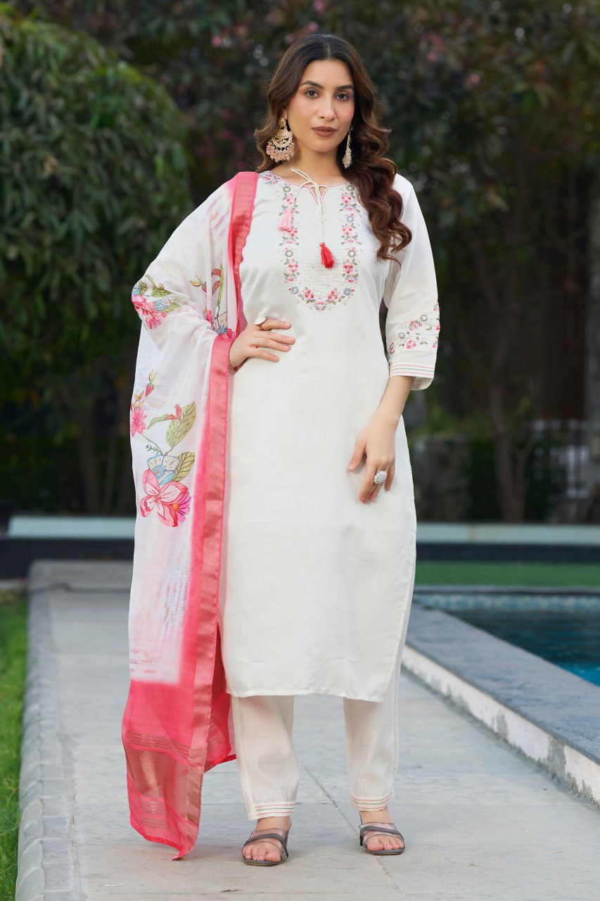 Pramukh Fab White Color Viscose Silk Kurta Set - Distacart