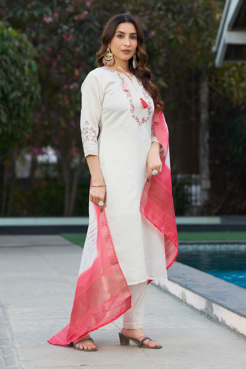 Pramukh Fab White Color Viscose Silk Kurta Set - Distacart