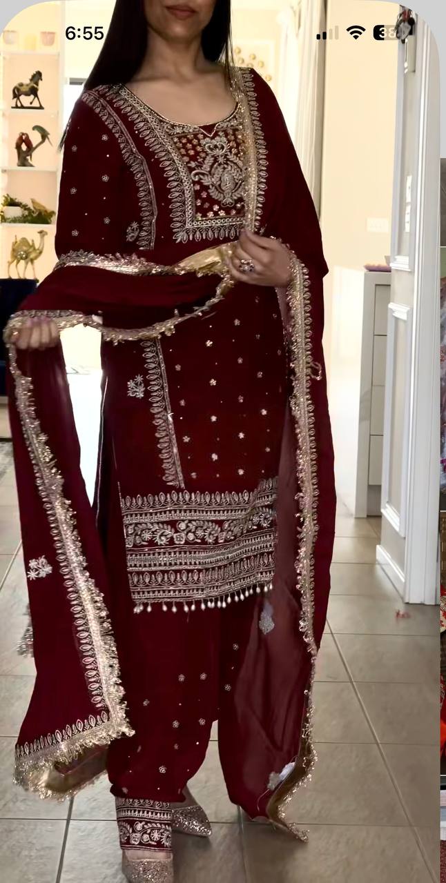 Yash Enterprise Maroon Crepe Silk Party Wear Embroidery Suit Set - Distacart