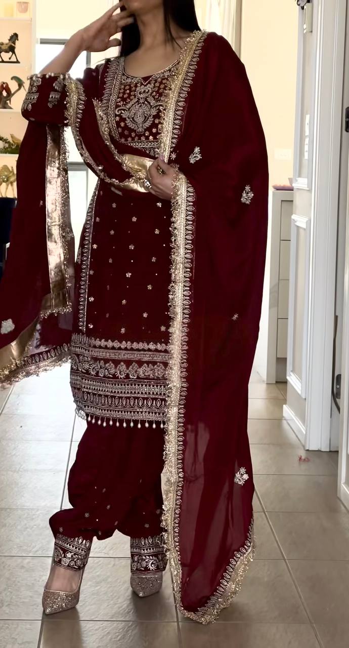 Yash Enterprise Maroon Crepe Silk Party Wear Embroidery Suit Set - Distacart