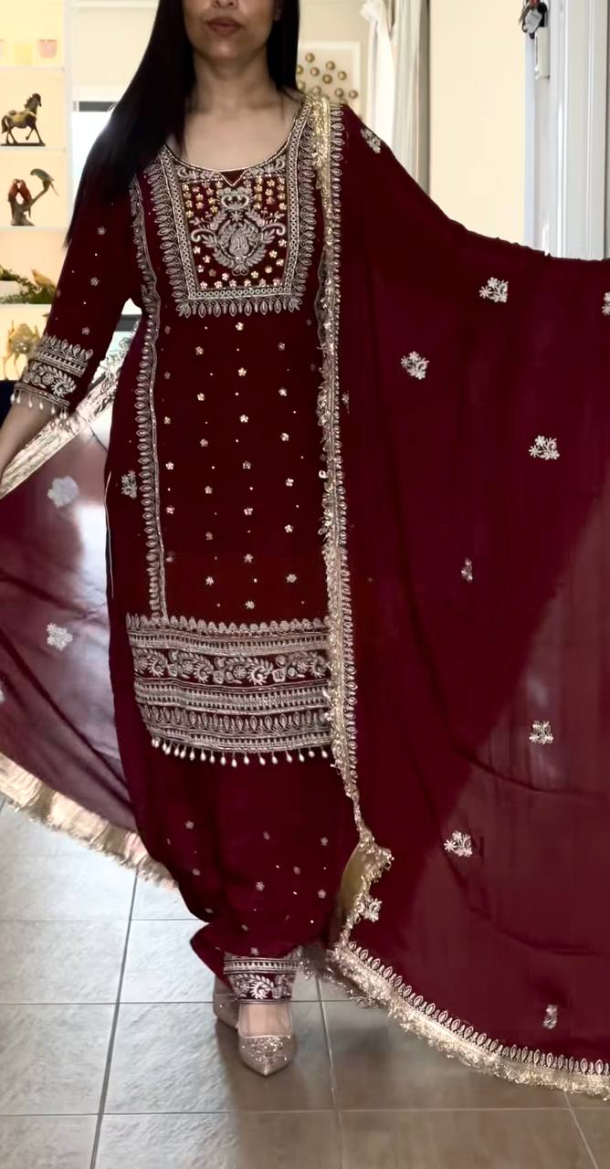 Yash Enterprise Maroon Crepe Silk Party Wear Embroidery Suit Set - Distacart