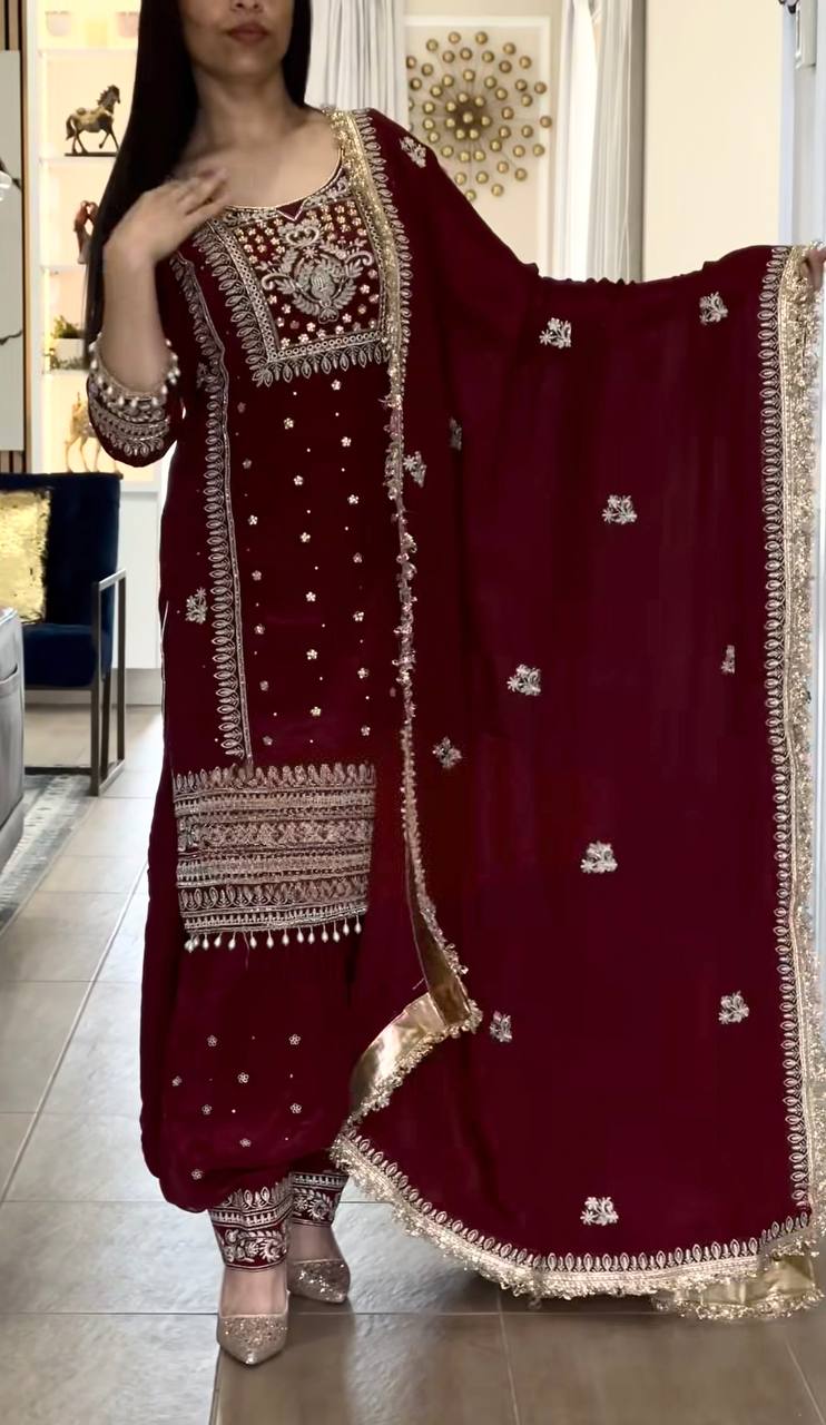 Yash Enterprise Maroon Crepe Silk Party Wear Embroidery Suit Set - Distacart