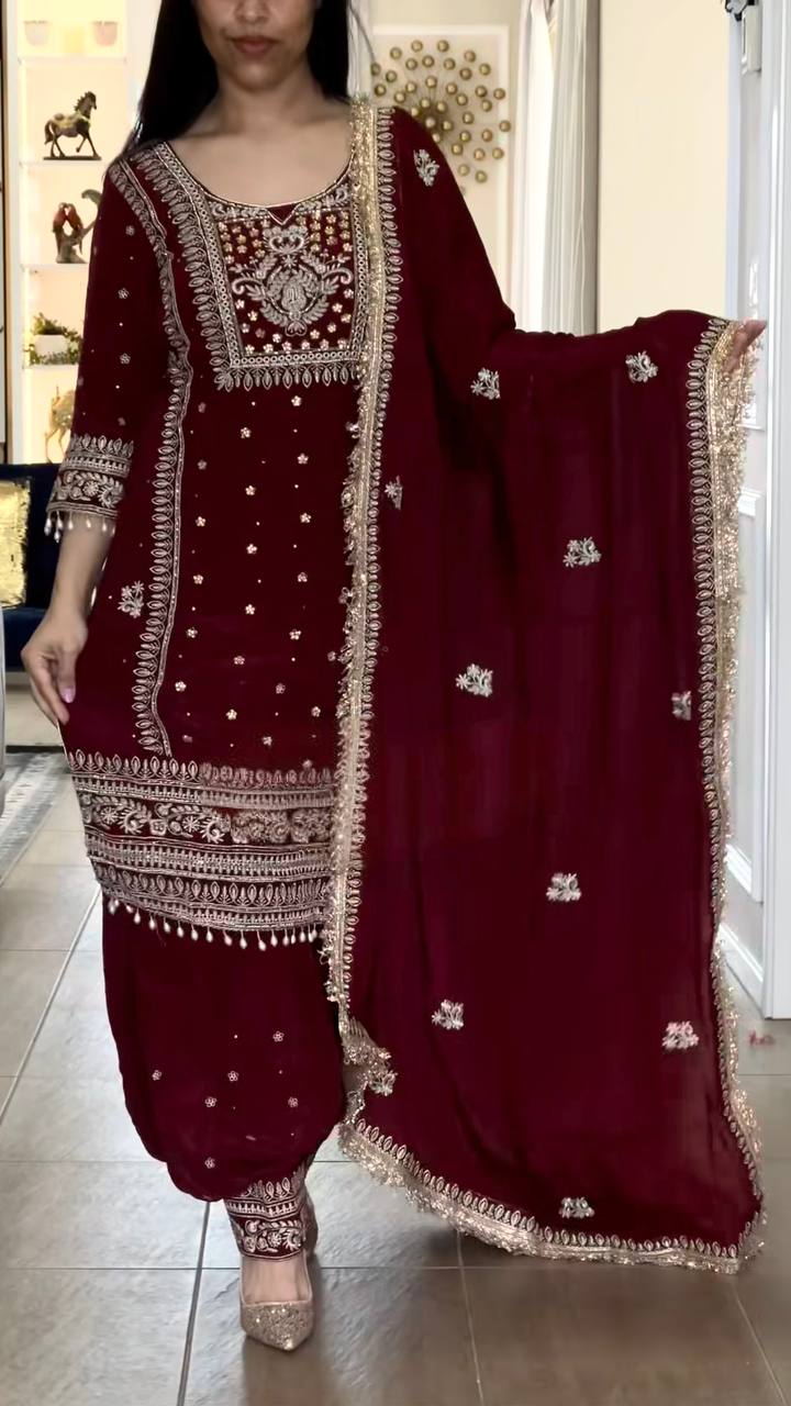 Yash Enterprise Maroon Crepe Silk Party Wear Embroidery Suit Set - Distacart