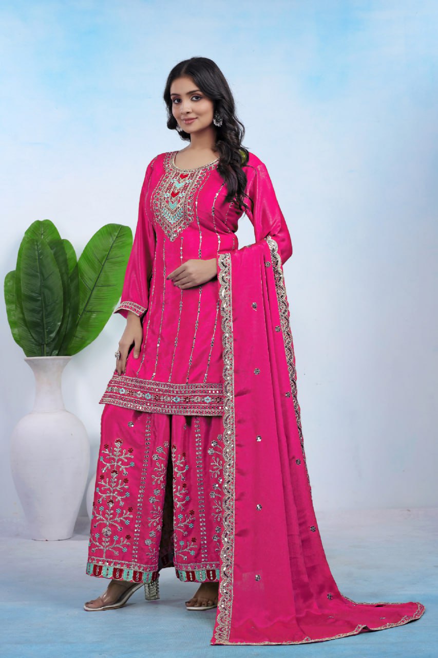 Yash Enterprise Pink Chinon Silk Party Wear Embroidery Suit Set - Distacart