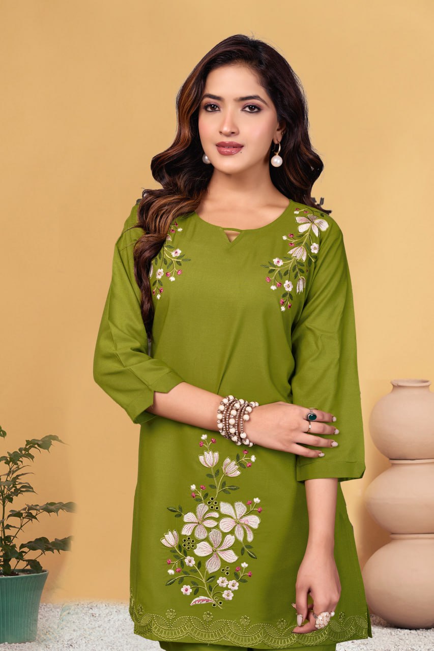 Pramukh Fab Olive Color Viscose Rayon Co-ord Set - Distacart