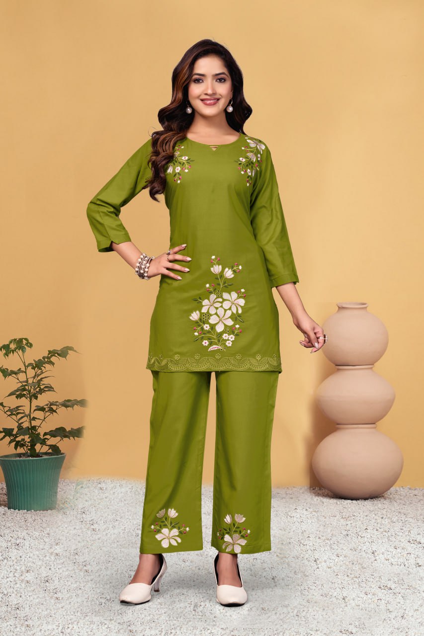 Pramukh Fab Olive Color Viscose Rayon Co-ord Set - Distacart