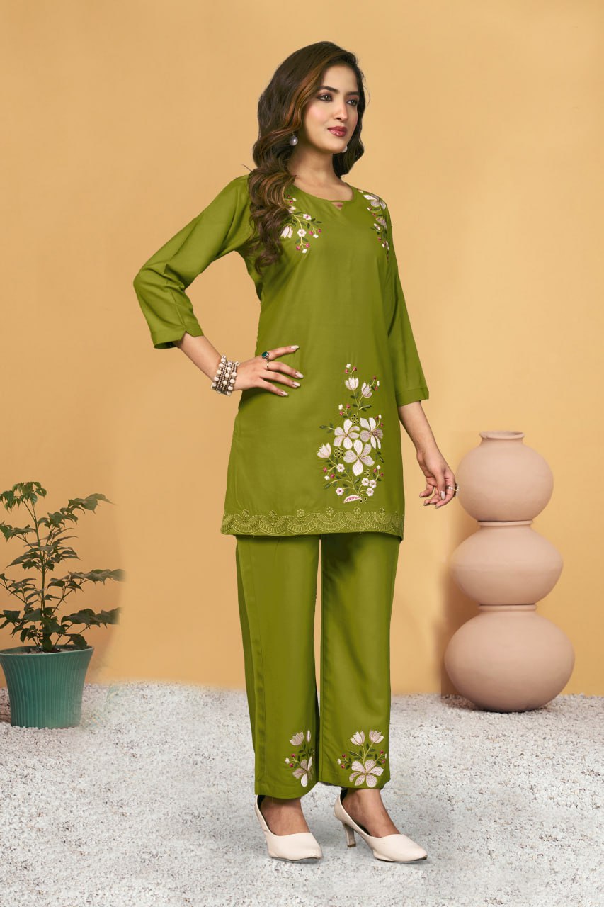 Pramukh Fab Olive Color Viscose Rayon Co-ord Set - Distacart