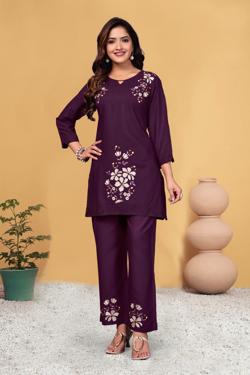 Pramukh Fab Plum Color Viscose Rayon Co-ord Set - Distacart