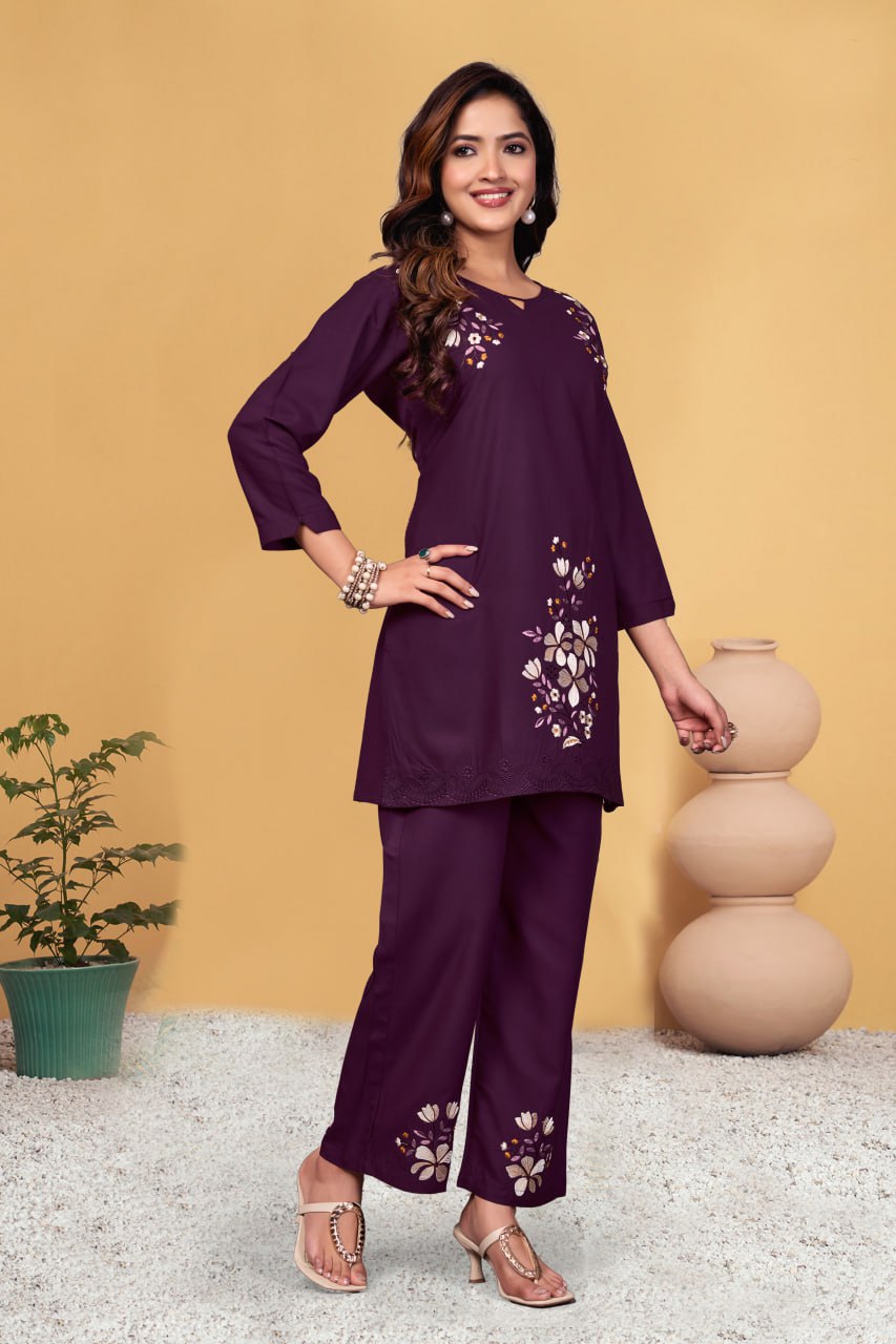 Pramukh Fab Plum Color Viscose Rayon Co-ord Set - Distacart