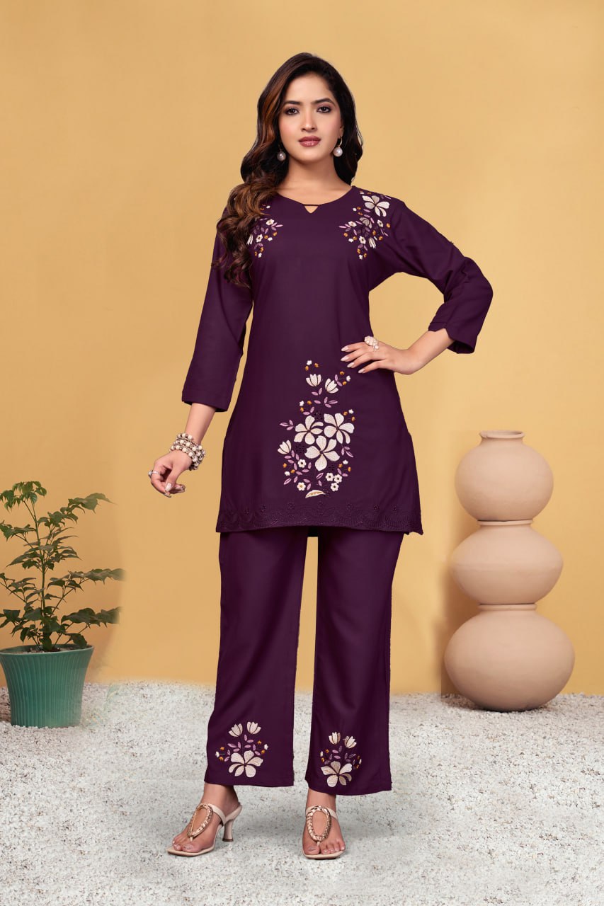 Pramukh Fab Plum Color Viscose Rayon Co-ord Set - Distacart