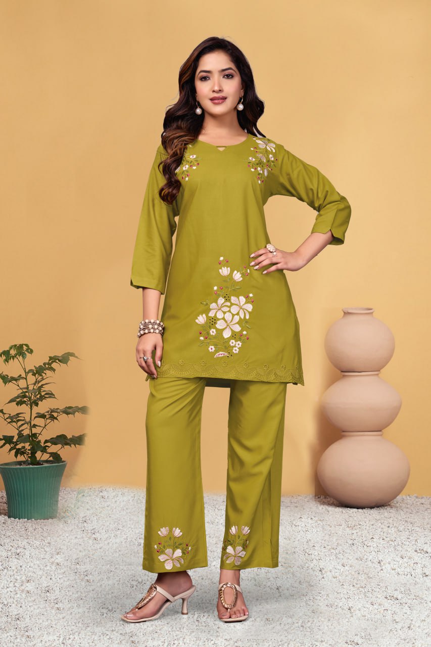 Pramukh Fab Mustard Color Viscose Rayon Co-ord Set - Distacart