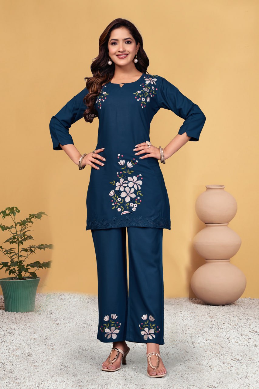 Pramukh Fab Navy Blue Color Viscose Rayon Co-ord Set - Distacart