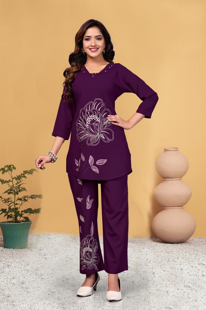 Pramukh Fab Plum Color Viscose Rayon Co-ord Set - Distacart