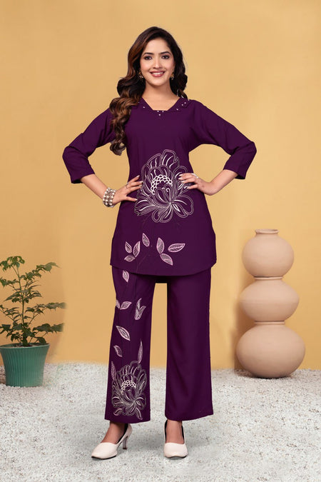 Pramukh Fab Plum Color Viscose Rayon Co-ord Set