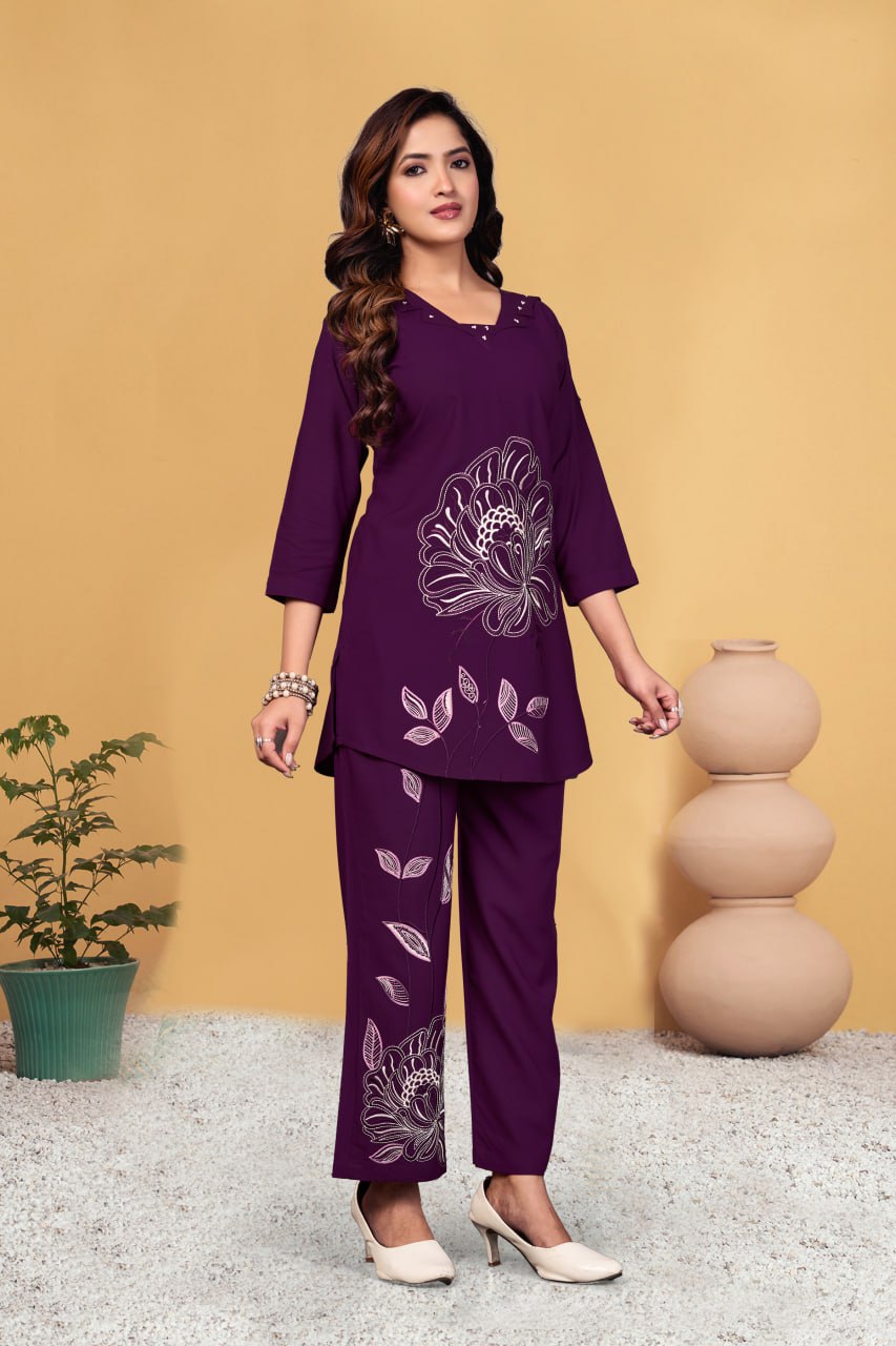 Pramukh Fab Plum Color Viscose Rayon Co-ord Set - Distacart