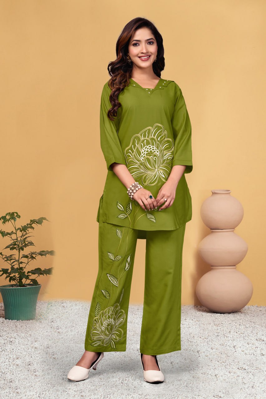 Pramukh Fab Olive Color Viscose Rayon Co-ord Set - Distacart