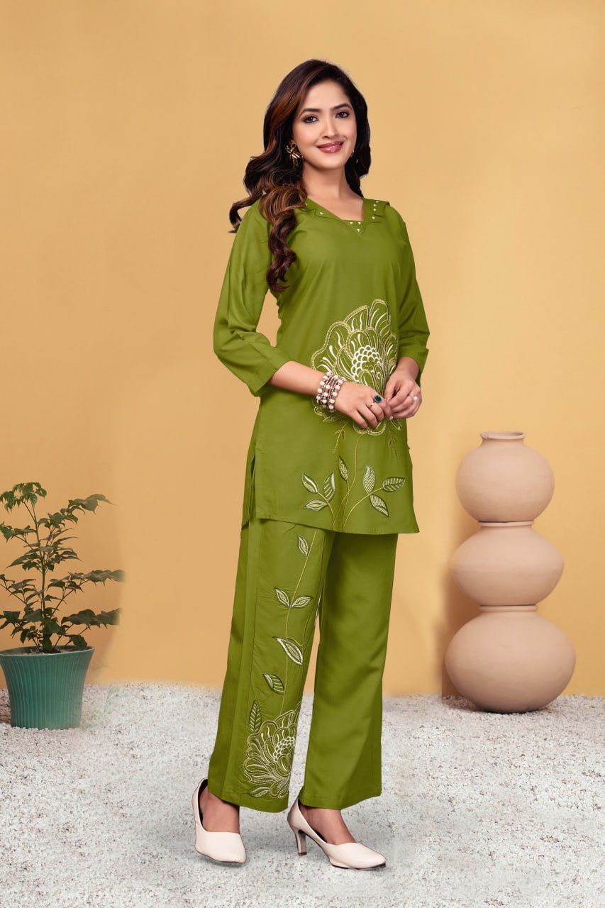 Pramukh Fab Olive Color Viscose Rayon Co-ord Set - Distacart