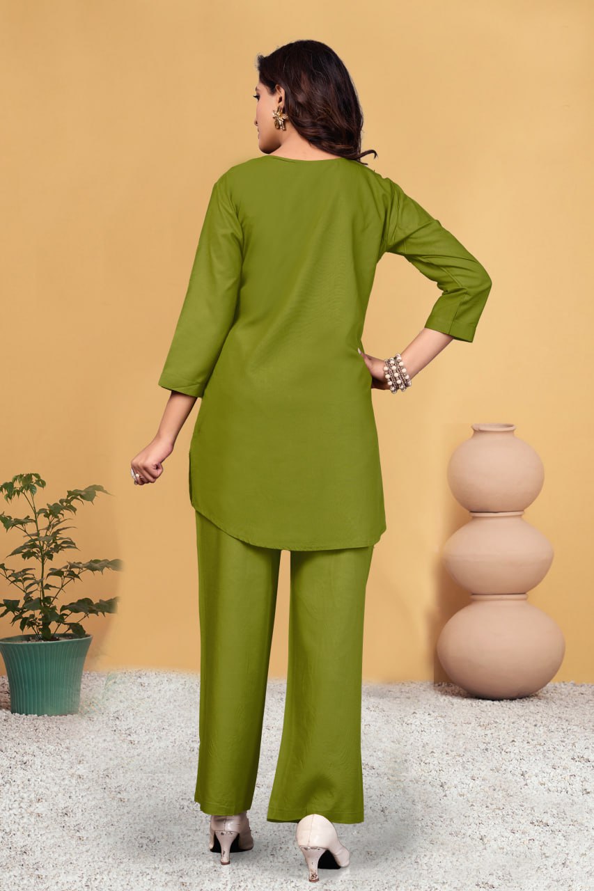 Pramukh Fab Olive Color Viscose Rayon Co-ord Set - Distacart