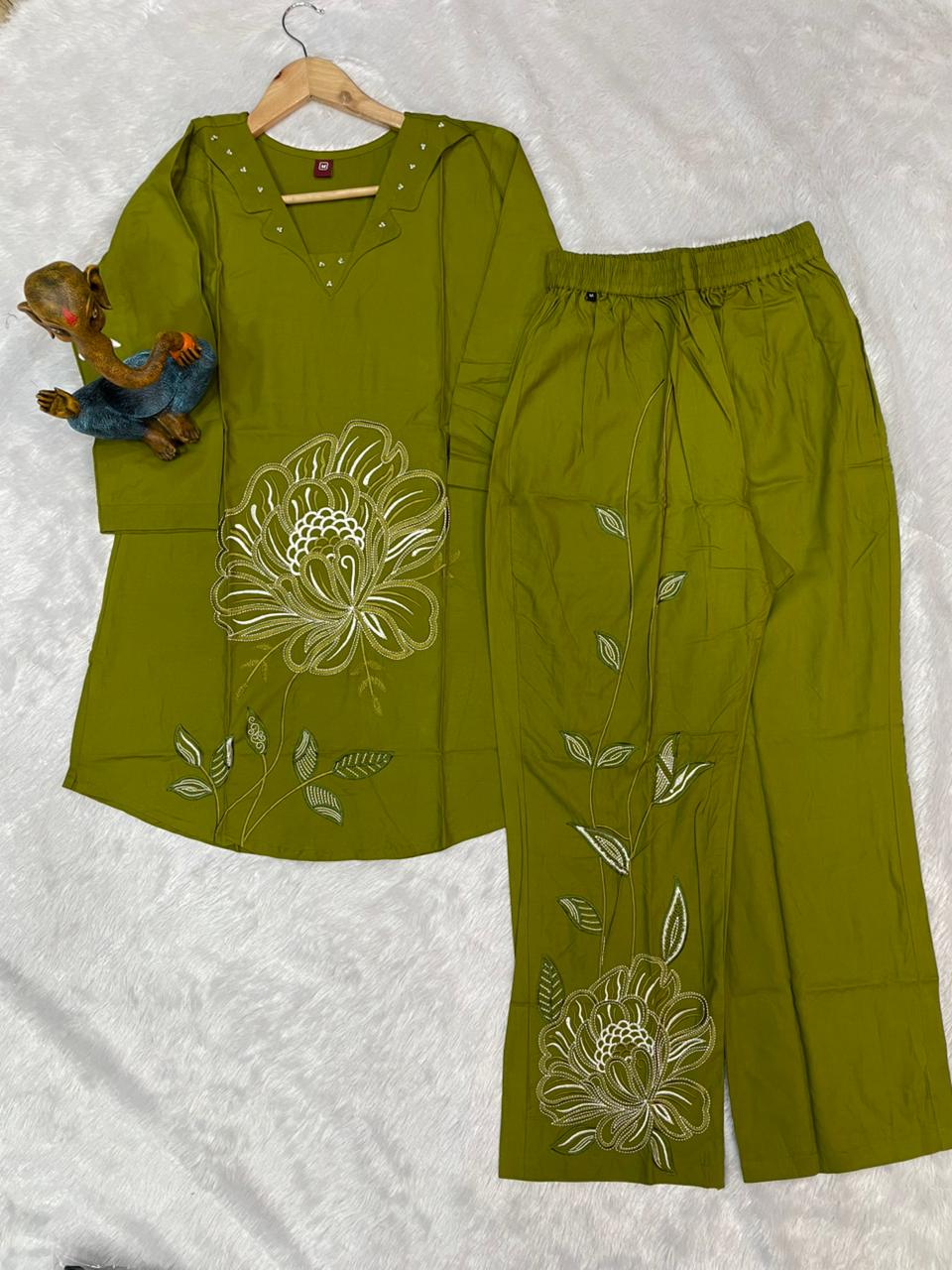 Pramukh Fab Olive Color Viscose Rayon Co-ord Set - Distacart