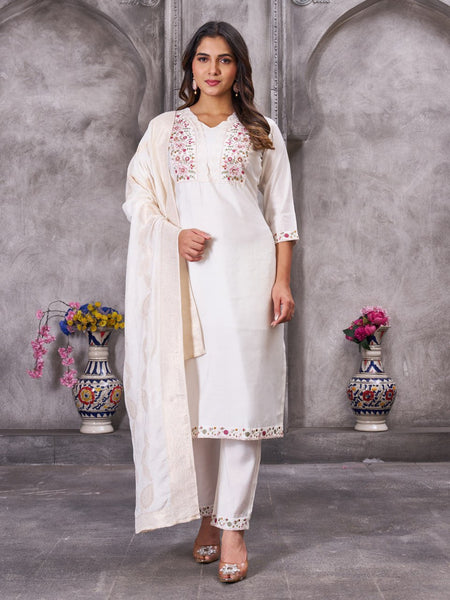 Pramukh Fab White Color Roman Silk Kurta Set