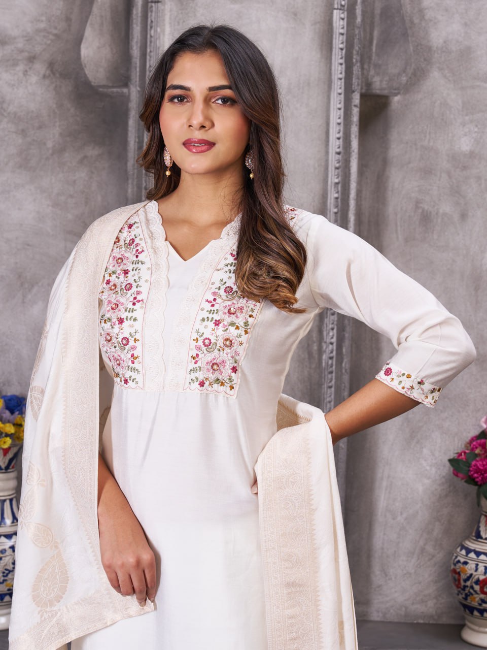 Pramukh Fab White Color Roman Silk Kurta Set - Distacart