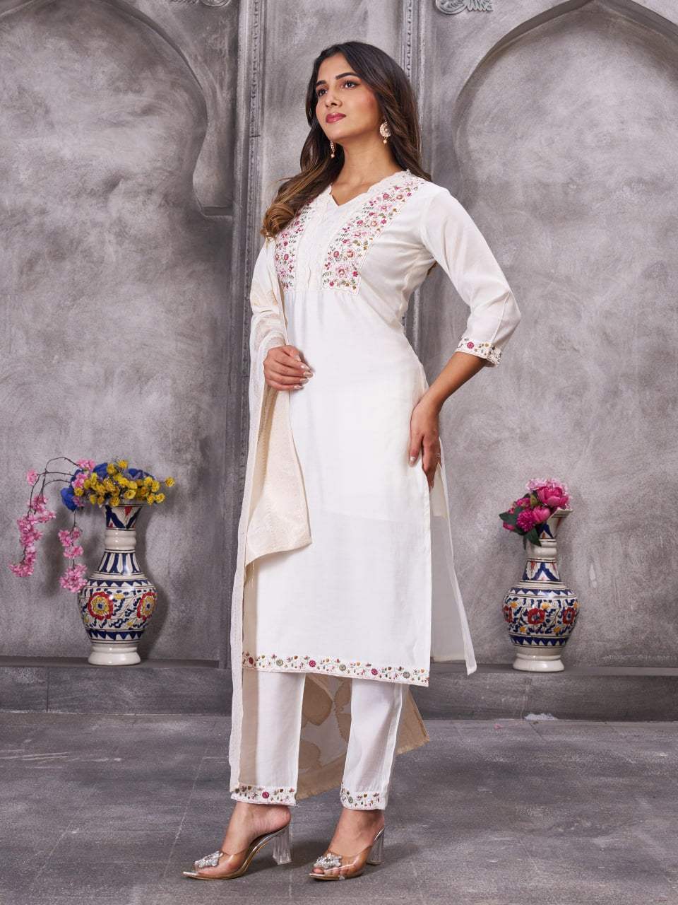 Pramukh Fab White Color Roman Silk Kurta Set - Distacart