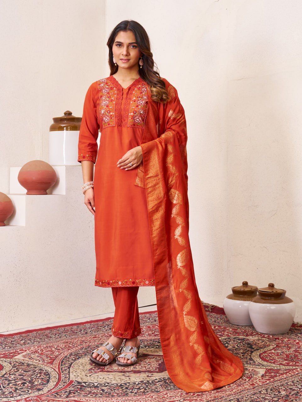 Pramukh Fab Orange Color Roman Silk Kurta Set - Distacart