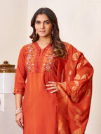 Pramukh Fab Orange Color Roman Silk Kurta Set - Distacart
