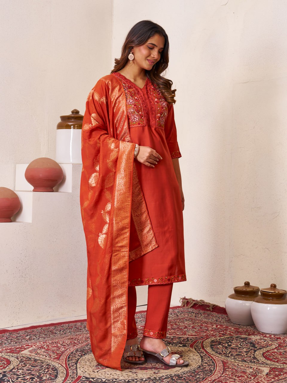 Pramukh Fab Orange Color Roman Silk Kurta Set - Distacart