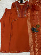 Pramukh Fab Orange Color Roman Silk Kurta Set - Distacart