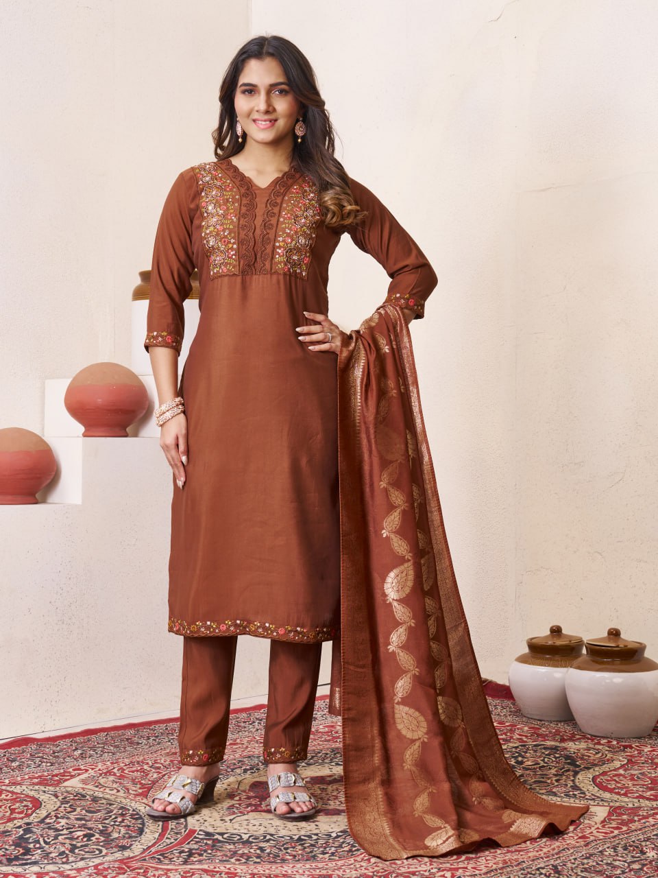 Pramukh Fab Brown Color Roman Silk Kurta Set - Distacart