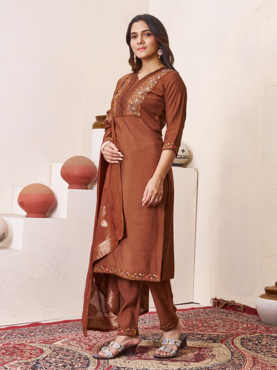 Pramukh Fab Brown Color Roman Silk Kurta Set - Distacart