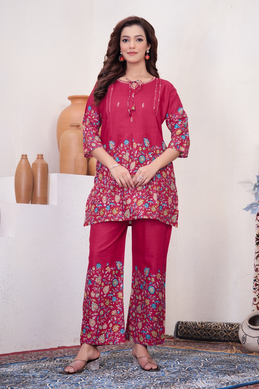 Pramukh Fab Pink Color Cotton Co-ord Set