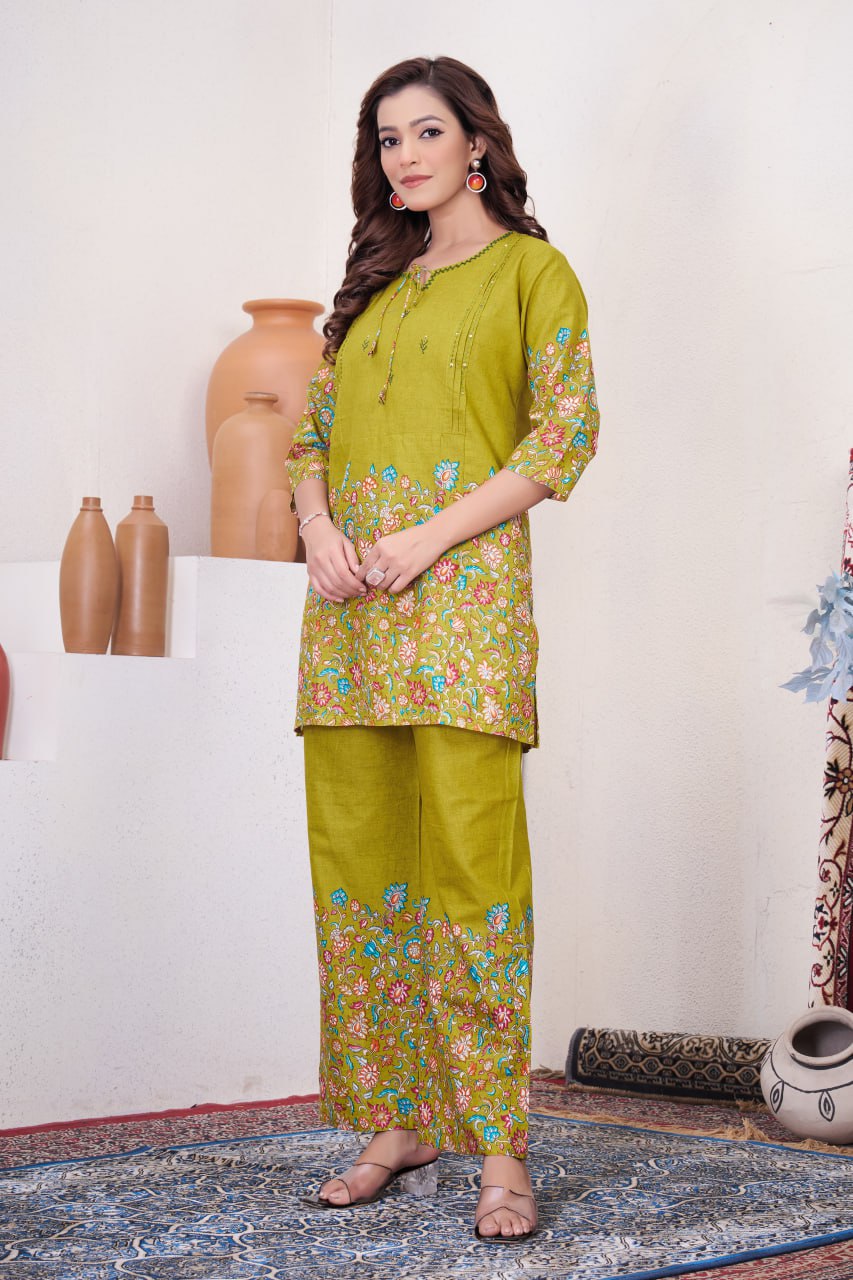 Pramukh Fab Olive Color Cotton Co-ord Set - Distacart