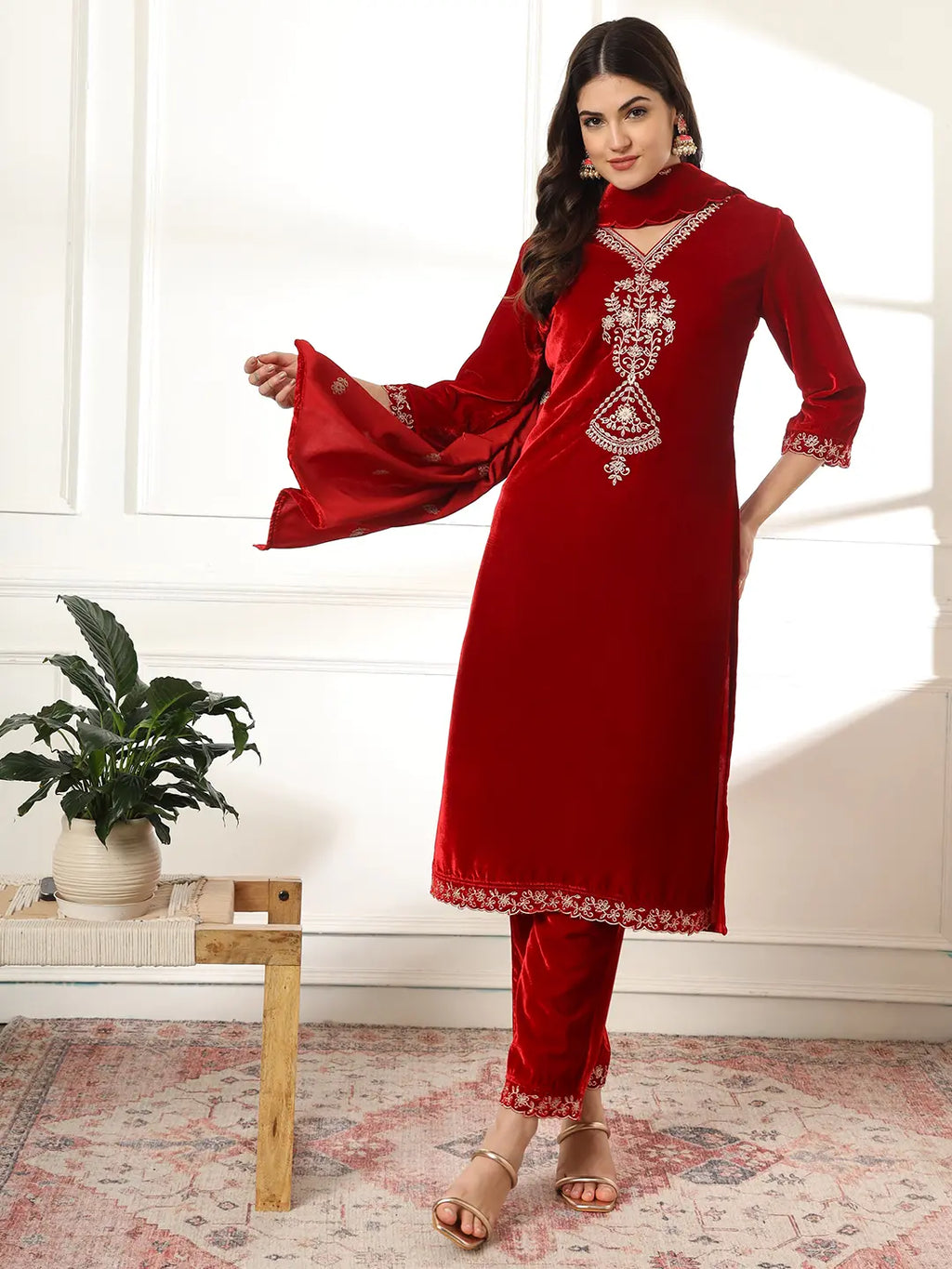 Yufta Velvet Maroon Kurta Dupatta Set With Embroidery - Distacart