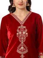 Yufta Velvet Maroon Kurta Dupatta Set With Embroidery - Distacart