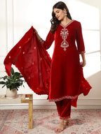 Yufta Velvet Maroon Kurta Dupatta Set With Embroidery - Distacart