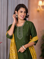 Juniper Women's Green Zari Embroidered Viscose Kurta Pant And Dupatta Set With Tassels On Dupatta