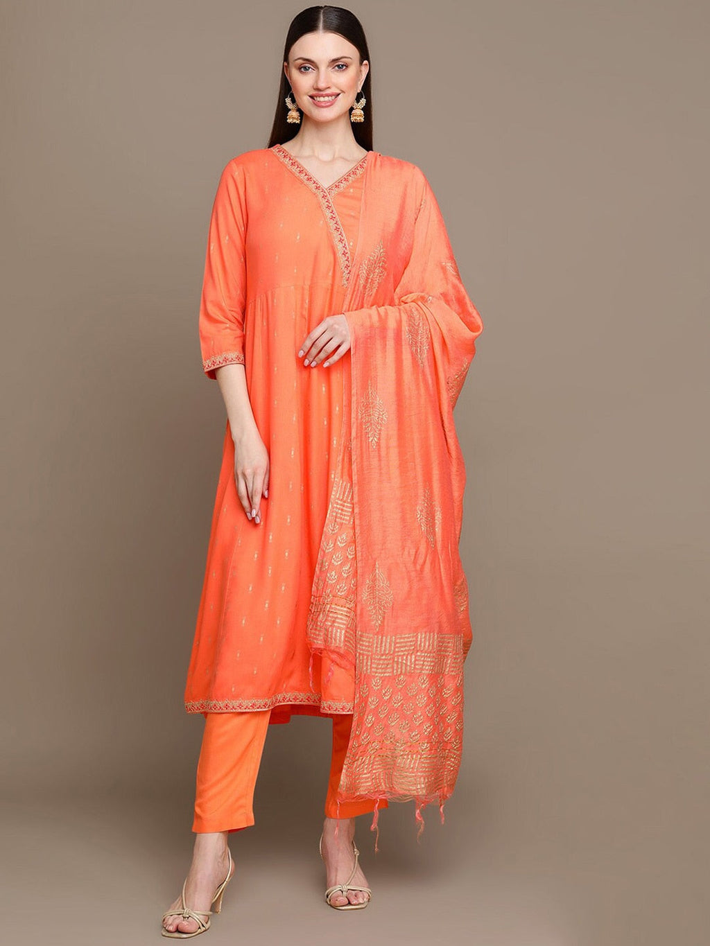 HERE&NOW Ethnic Motifs Printed Thread Work Angrakha Kurta with Palazzos & Dupatta