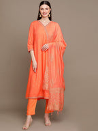 HERE&NOW Ethnic Motifs Printed Thread Work Angrakha Kurta with Palazzos & Dupatta