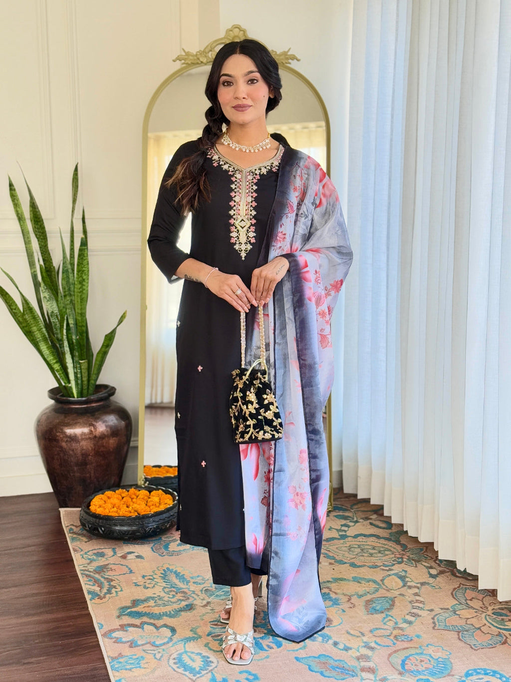 The52 Black Embroidered Viscose Chanderi Fabric Straight Kurta, Pant and Dupatta Set - Distacart