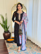 The52 Black Embroidered Viscose Chanderi Fabric Straight Kurta, Pant and Dupatta Set - Distacart