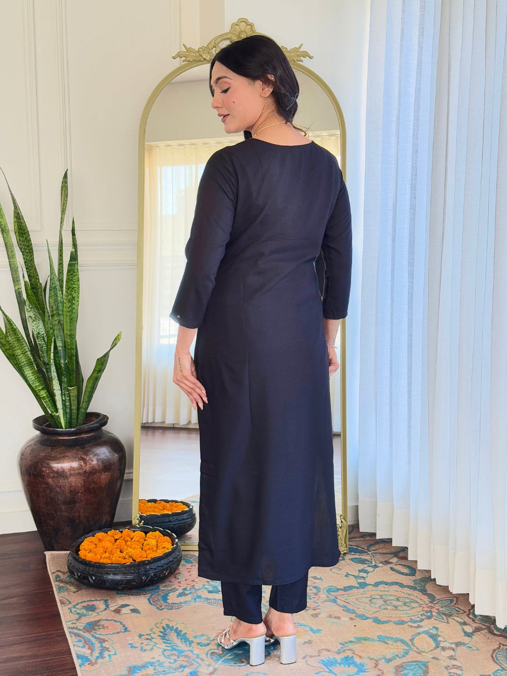 The52 Black Embroidered Viscose Chanderi Fabric Straight Kurta, Pant and Dupatta Set - Distacart