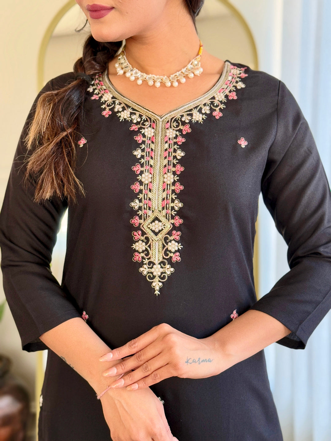 The52 Black Embroidered Viscose Chanderi Fabric Straight Kurta, Pant and Dupatta Set - Distacart