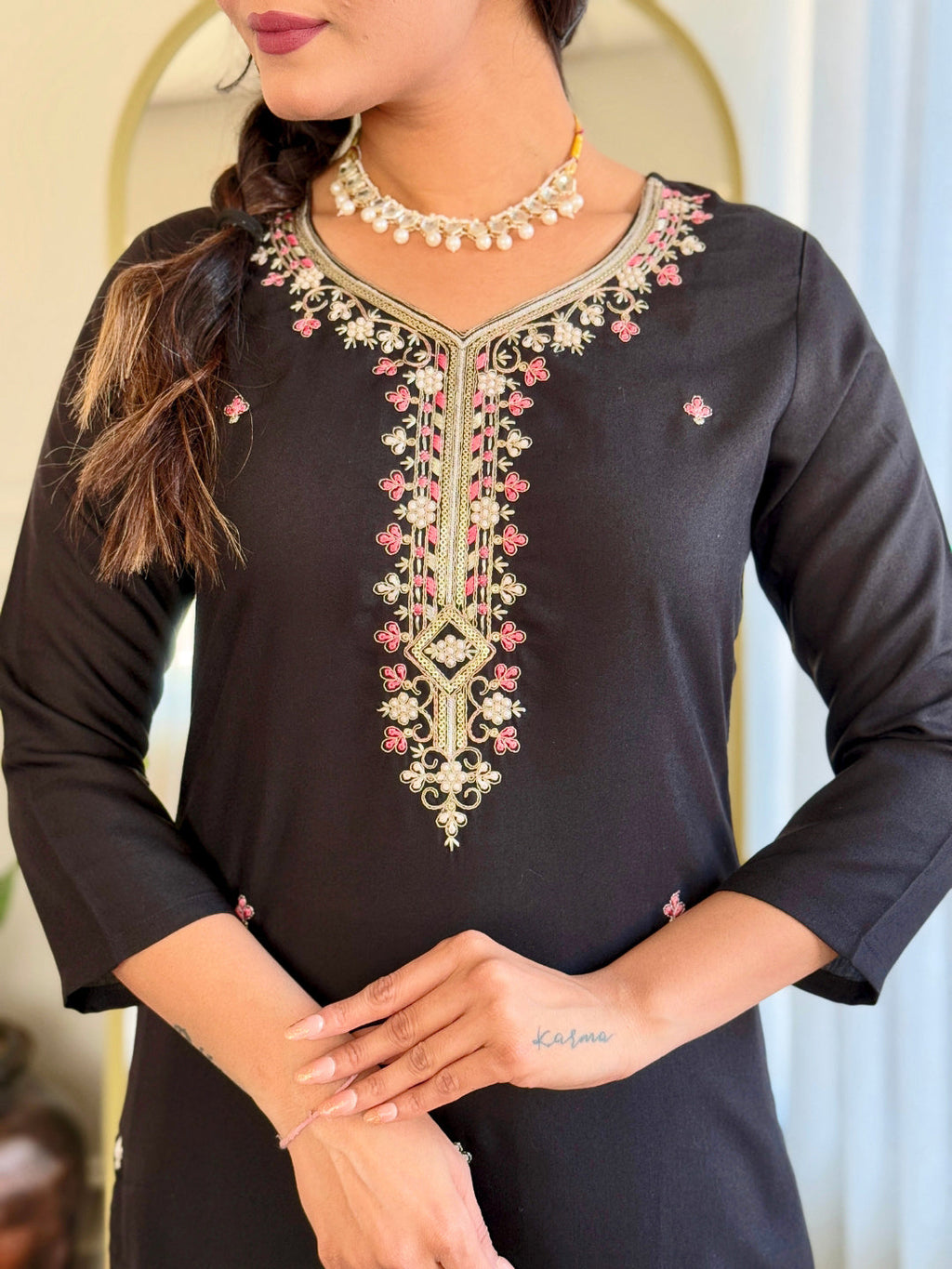 The52 Black Embroidered Viscose Chanderi Fabric Straight Kurta, Pant and Dupatta Set - Distacart