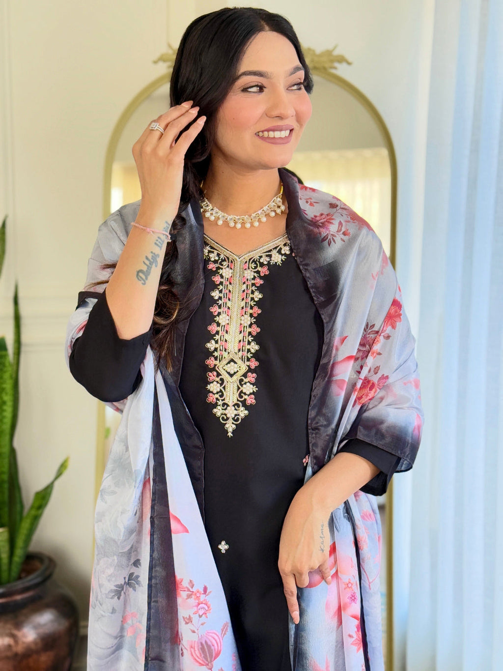 The52 Black Embroidered Viscose Chanderi Fabric Straight Kurta, Pant and Dupatta Set - Distacart