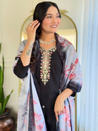 The52 Black Embroidered Viscose Chanderi Fabric Straight Kurta, Pant and Dupatta Set - Distacart