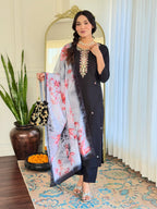 The52 Black Embroidered Viscose Chanderi Fabric Straight Kurta, Pant and Dupatta Set - Distacart