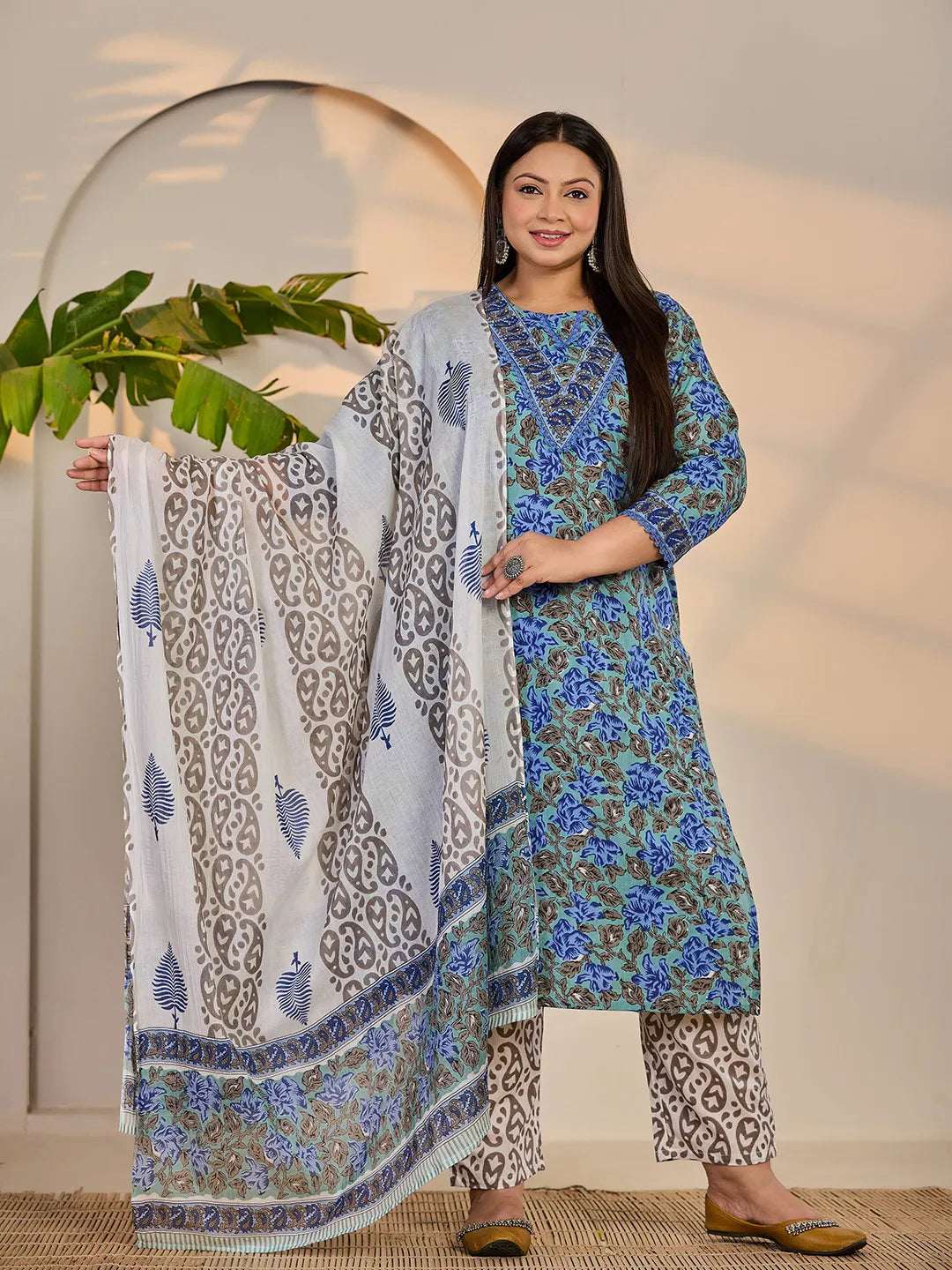 Yufta Rama Green And Blue Floral Sequins Work Straight Plus Size Kurta Trouser Dupatta Set - Distacart